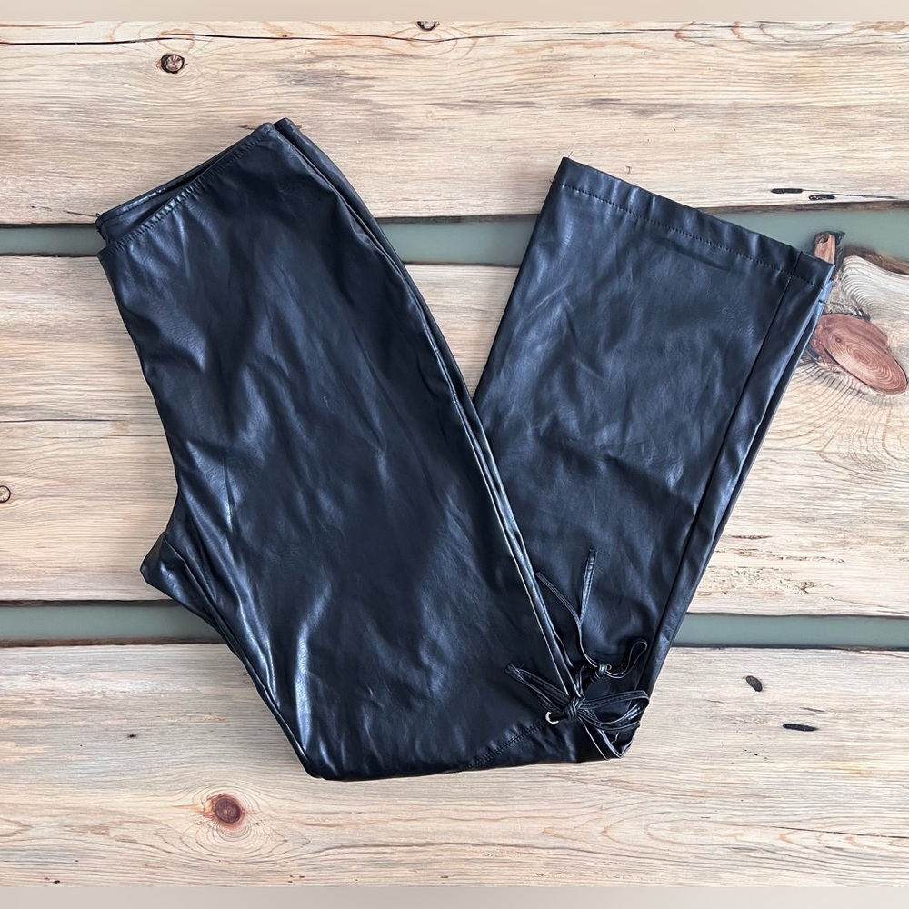 Vintage Rave 4 Real Y2K Pleather Flare Lined Pants Festival Party Biker Goth